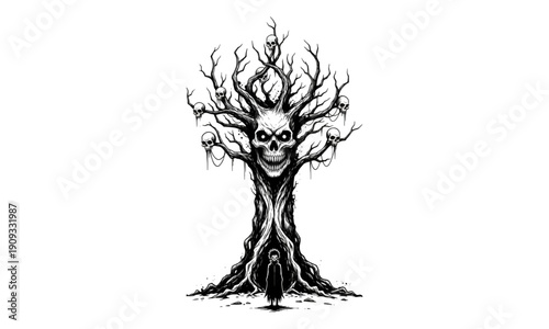 Black Ink Skull Tree of Death with Shadow Figure at the Roots