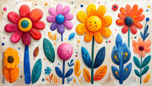 Vibrant flowers and leaves in a whimsical garden scene illustration