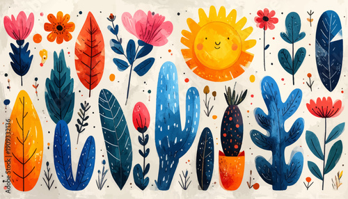 Vibrant abstract illustration of whimsical plants, flowers, cacti, and a smiling sun in a colorful garden scene.