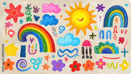Vibrant abstract illustration of whimsical hand-drawn rainbow, sun, flowers, and clouds.