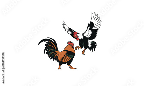 Quadro su tela Rooster Fight Vector Illustration. Aggressive Cockerel Duel Scene