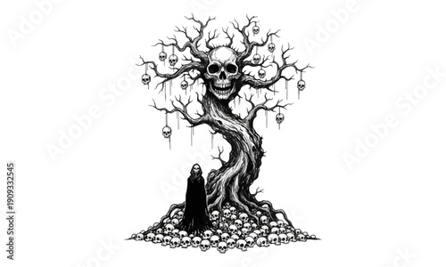Grim Reaper at Death Tree Covered in Skulls - Ink Illustration