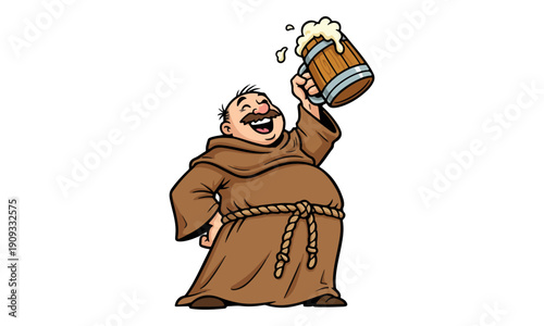 Happy Friar Character Raising Wooden Beer Stein Toasting Celebration
