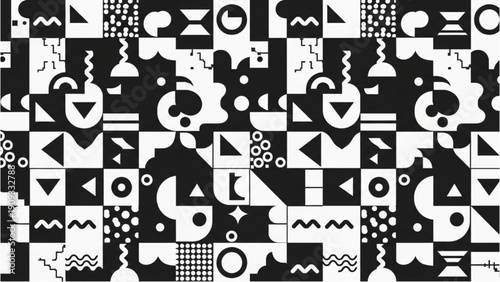 Geometric shapes, abstract art, and symbols in a black and white illustration, creating a visually striking pattern from various viewpoints