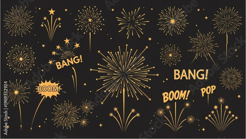 Vibrant fireworks explosion in night sky with festive text overlay illustration