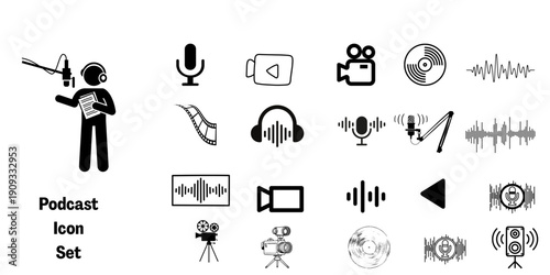 Digital Media Icon Collection Featuring Audio Waves Vinyl Records and Video Production Symbols