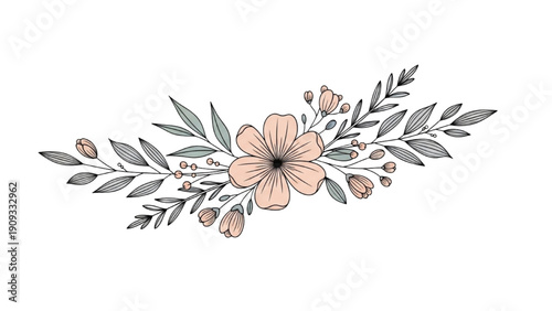 Illustration of a floral arrangement with leaves and flowers viewed from directly above in a serene environment