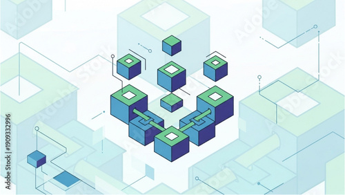 Network of interconnected blue cubes with green tops in a 3D isometric environment viewed from above