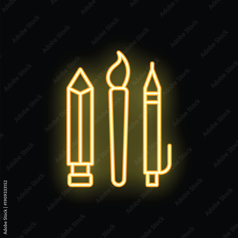 Fototapeta premium Neon sign depicting art supplies glowing yellow on a black background