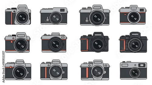 Collection of camera illustrations viewed from various angles and perspectives