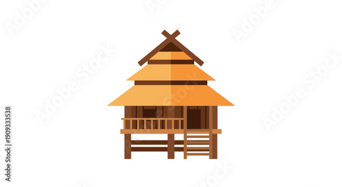 Flat design illustration of a traditional wooden stilt house with a multi-tiered roof, common in Southeast Asian architecture.