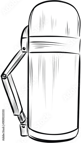 Metal thermos bottle with lid hand drawn kitchen illustration vector