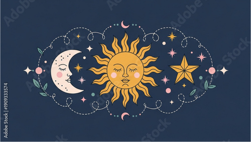 Celestial illustration featuring sun, moon, star, and mystical elements in a dreamy, dark blue environment viewed from a direct perspective