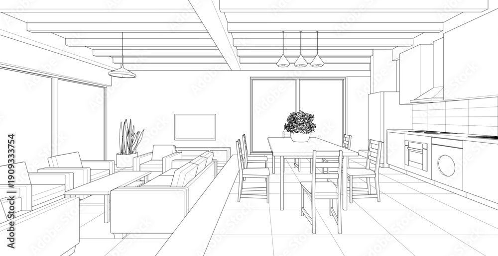 Fototapeta premium housing interior kitchen living room 3d illustration