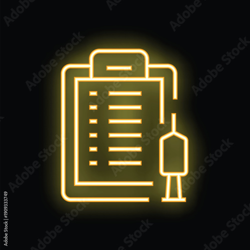 Glowing neon icon of a clipboard with checklist and syringe, symbolizing a vaccination schedule or medical appointment reminder