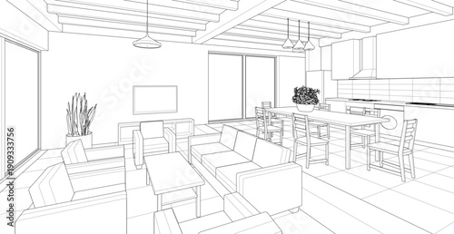 housing interior kitchen living room 3d illustration