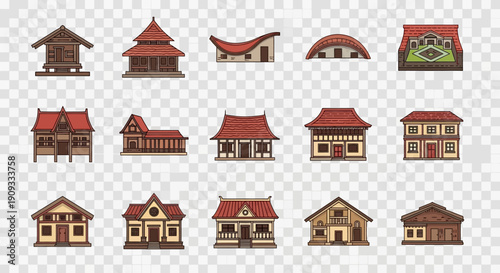 A collection of various illustrated houses and traditional buildings on a transparent background, showcasing diverse architectural styles and designs.
