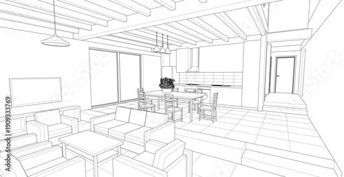 housing interior kitchen living room 3d illustration