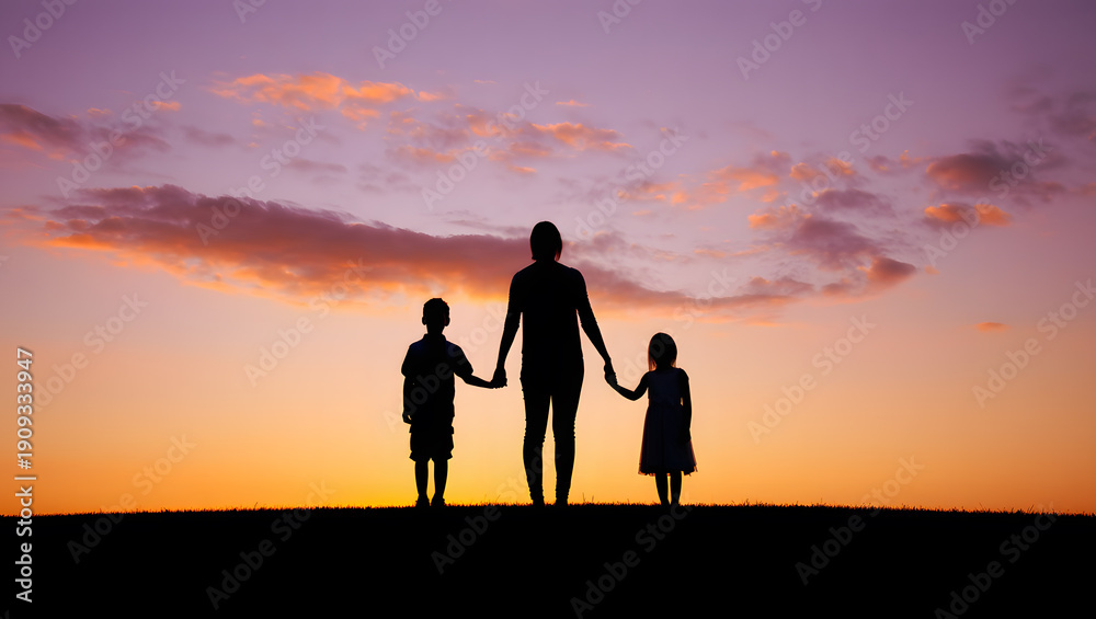 Fototapeta premium A beautiful silhouette captures a mother holding hands with her son and daughter against a breathtaking sunset sky.