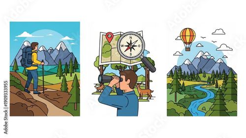 A hiker navigates through mountains with a map and compass, surrounded by nature and hot air balloons in the distance.