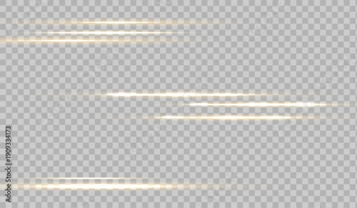 Three golden light flares with radiant rays on a bright background. Elegant glowing highlights and luminous effects.