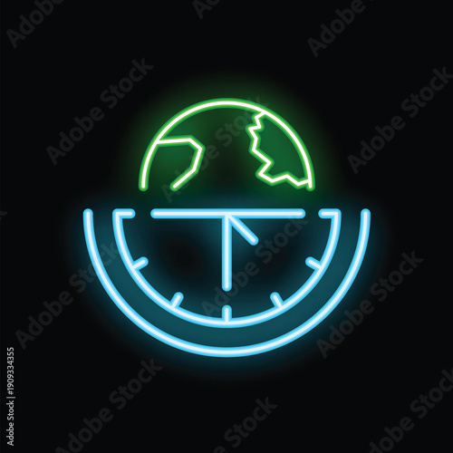 Neon sign representing the concept of global time zones with a clock and the earth