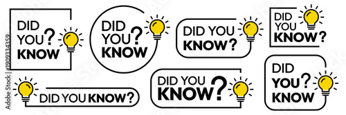 Did you know box frame big set. Did you know text in speech bubble blank template with message and question. Box frame with bulb icons, badge, label, flat vector, isolated illustration.