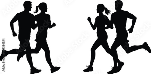 Running couple silhouettes side view, man and woman jogging together, fitness workout cardio concept vector illustration isolated on white background