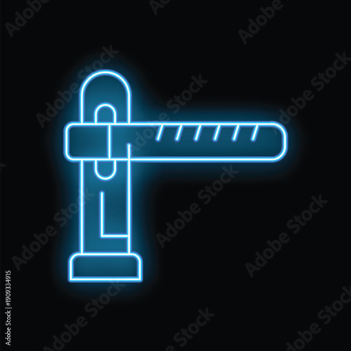Blue glowing neon sign representing an automatic car barrier gate, isolated on a black background