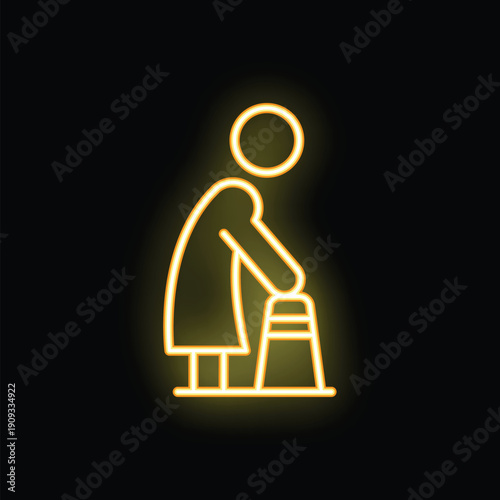 Neon sign of an elderly person using a walker, representing concepts like old age and mobility