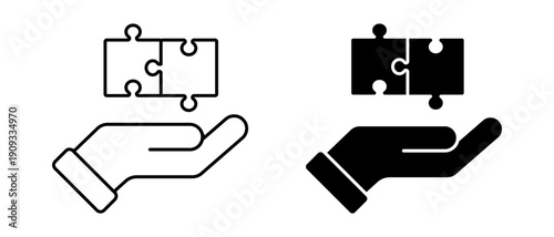 Two hands joining puzzle pieces vector set. Business solution and partnership illustration