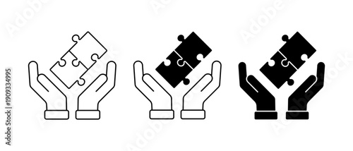 Two hands joining puzzle pieces vector set. Business solution and partnership illustration