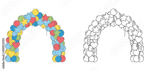 Festive Balloon Garland Arch Vector Set with Star and Heart Shapes Colored and Black and White Line Art for Celebrations Birthdays Events and Decorative Party Design (178 Characters)