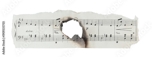 Torn horizontal fragment of music sheet with a burned hole in the center and visible staff lines and notes. Concept of loss, damage, or broken composition. Isolated on transparent background