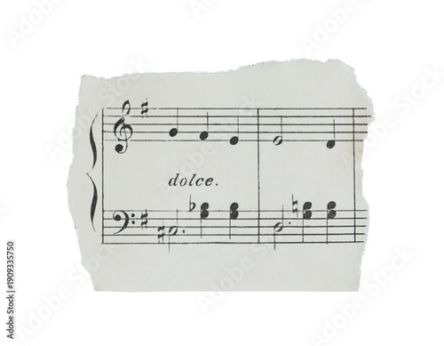 Slika na platnu Torn fragment of musical sheet with notes isolated on transparent background