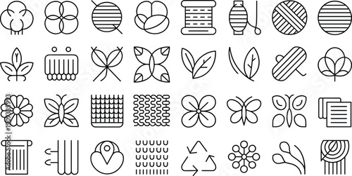Textile and Sewing Line Icon Set Featuring Fabric Swatches Thread Spools Cotton Plants Needlework Patterns and Garment Manufacturing Outline Design Symbols