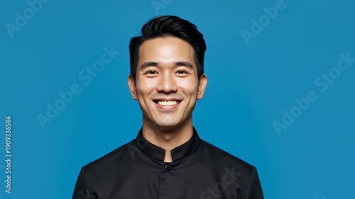 Smiling Asian Man Portrait on Blue Background - Authentic Joy.