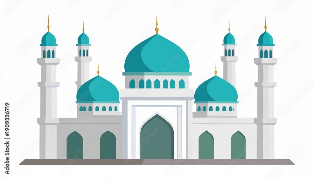 Fototapeta premium Islamic mosque with turquoise domes and minarets white architecture illustration