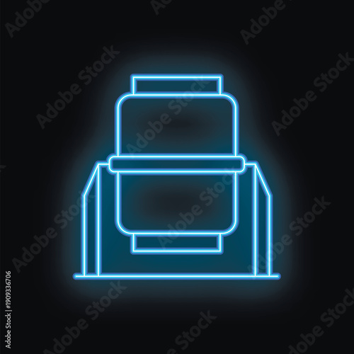 Blue neon sign depicting a water heater mounted on a stand, set against a dark background, creating a striking visual