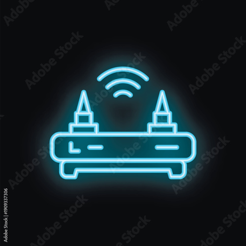 Blue neon icon of a router with two antennas emitting a wifi signal