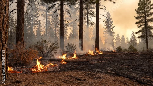 Forest floor engulfed in flames and smoke under a hazy sky