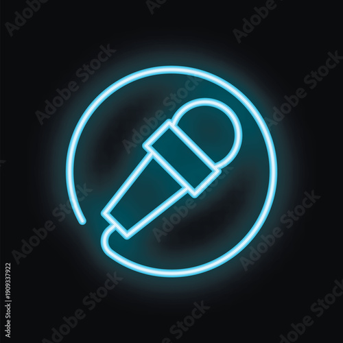 Blue neon microphone glowing inside a circle against a black background representing a karaoke night, ideal for entertainment