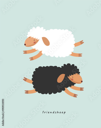 Friendsheep. Vector Illustration of a Cartoon Sheep. Cute Hand Drawn Playful Sheep With White And Black Wool on a Light Blue Background. Ideal for children’s cards, nursery art, greeting cards.