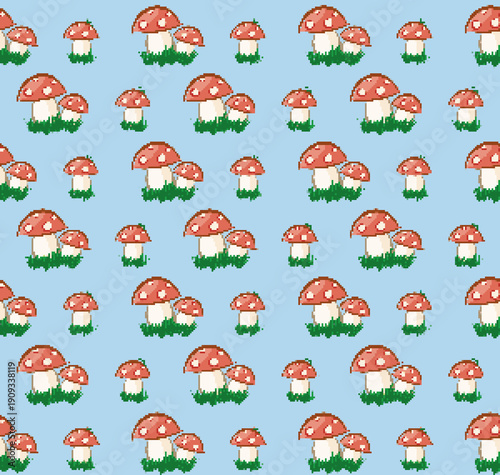 A seamless pixel background with forest mushrooms.