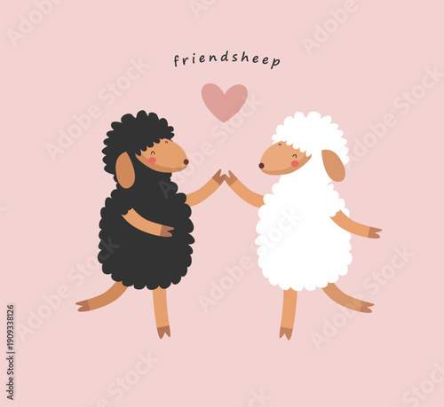 Friendsheep. Vector Card  With Two Sheep Couple On Pink Background. Cute cartoon sheep couple holding hooves under a little heart. Ideal for greeting cards, nursery art, and romantic stationery.