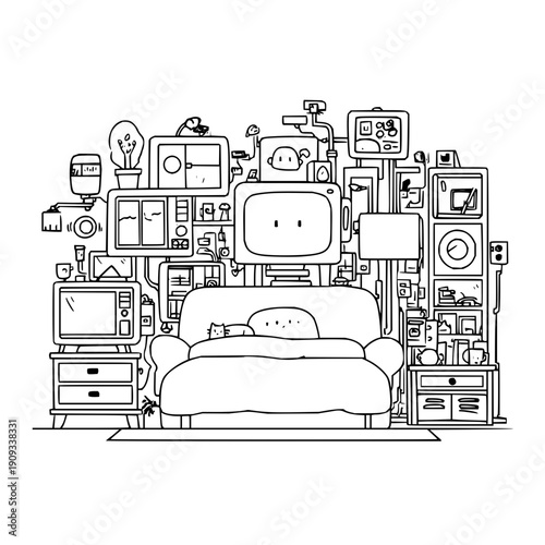 Cluttered Room with Sofa Surrounded by Electronics and Gadgets