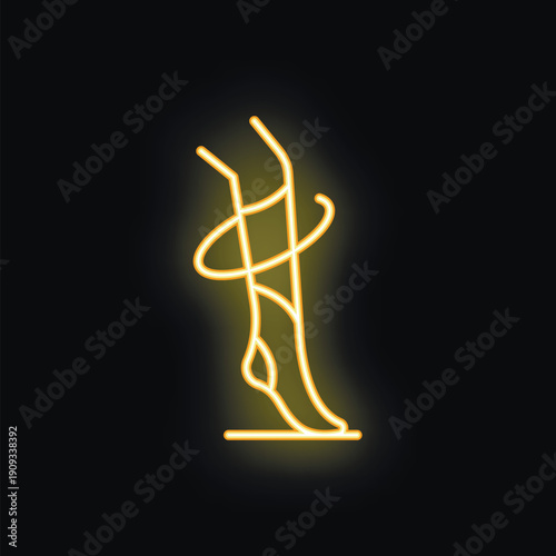 Golden neon icon of a ballet dancer's leg gracefully standing on pointe while tying a ribbon on their shoe