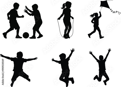 Black silhouettes of people engaging in various joyful outdoor activities