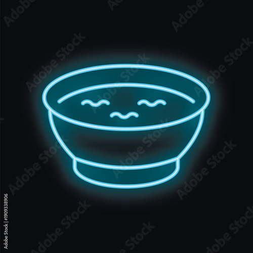 Blue neon sign of a full soup bowl glowing on black background