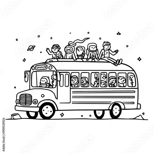 Happy Children Riding on Top of School Bus